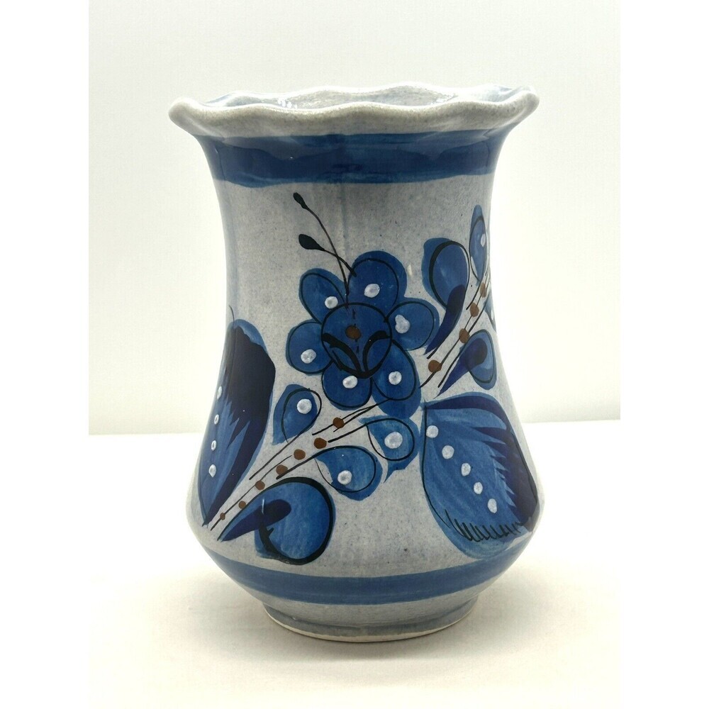 Vase 6" Tonala Mexican Pottery Blue Bird Flower Hand Painted - Mexico SKU GG350